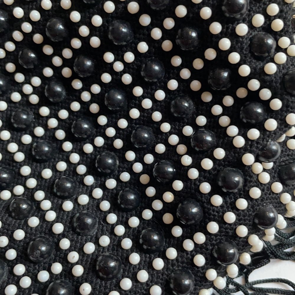 Vintage drawstring handbag Black white beaded fringe pouch purse - Picture 8 of 10